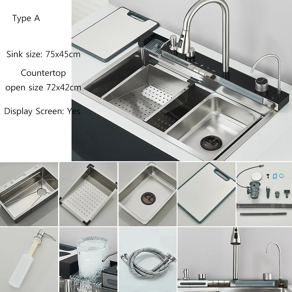 Brushed Golden Smart Digital Display Integrated Kitchen Sink Set Waterfall/Rainfall Water Purifier Soap Dispenser Cup Washer