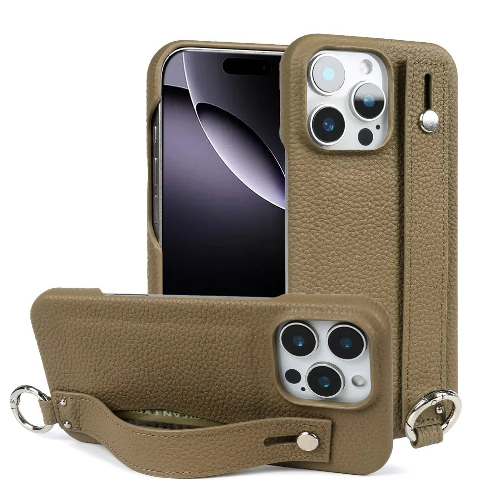 Premium Genuine Leather Case For iPhone 16 Pro Max Phone Cases 15Pro 14 13 12 11 Wristband Strap Bracket Back Card Holder Cover