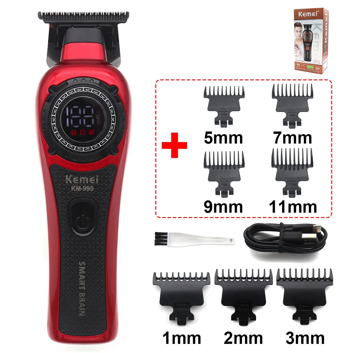 Kemei KM-999 Hair Trimmer for Men DLC T-Blade Zero Gapped LED Display Cordless USB Professional Hair Clipper Finishing Machine