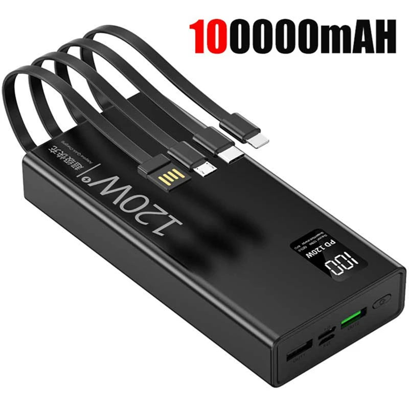 Lenovo 200000mAh High Capacity Power Bank with 4-in-1 Cables 120W Fast Charging External Battery Pack For iPhone Samsung Android