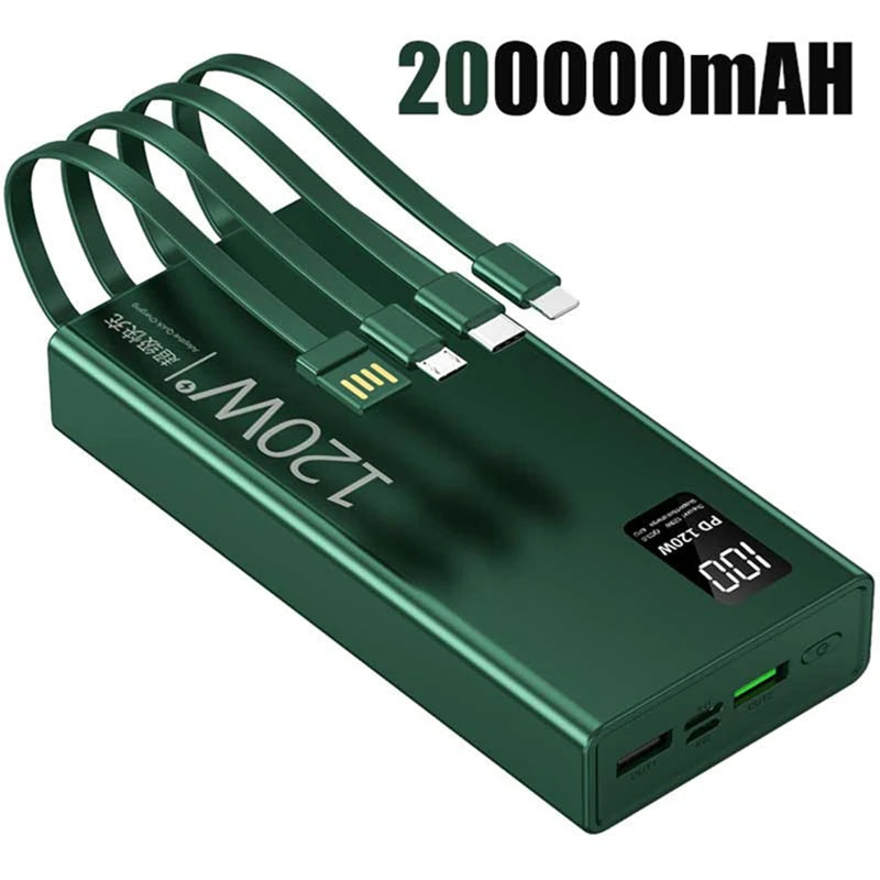 Lenovo 200000mAh High Capacity Power Bank with 4-in-1 Cables 120W Fast Charging External Battery Pack For iPhone Samsung Android