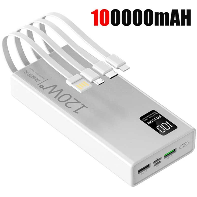 Lenovo 200000mAh High Capacity Power Bank with 4-in-1 Cables 120W Fast Charging External Battery Pack For iPhone Samsung Android
