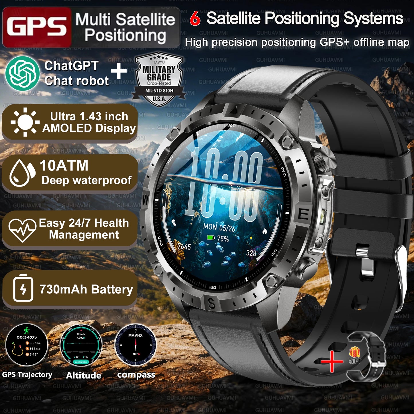 New Men Military GPS Smart Watch Built-in Positioning Compass Altimeter 10ATM Waterproof BT Call Heart Rate Monitor Smart Watch