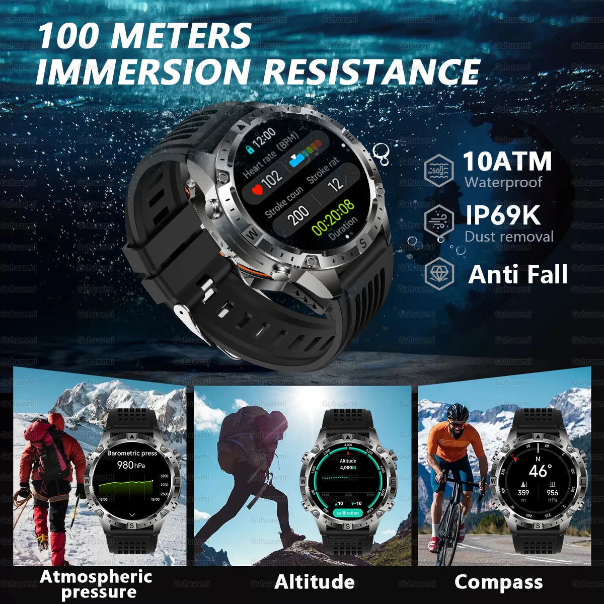 New Men Military GPS Smart Watch Built-in Positioning Compass Altimeter 10ATM Waterproof BT Call Heart Rate Monitor Smart Watch