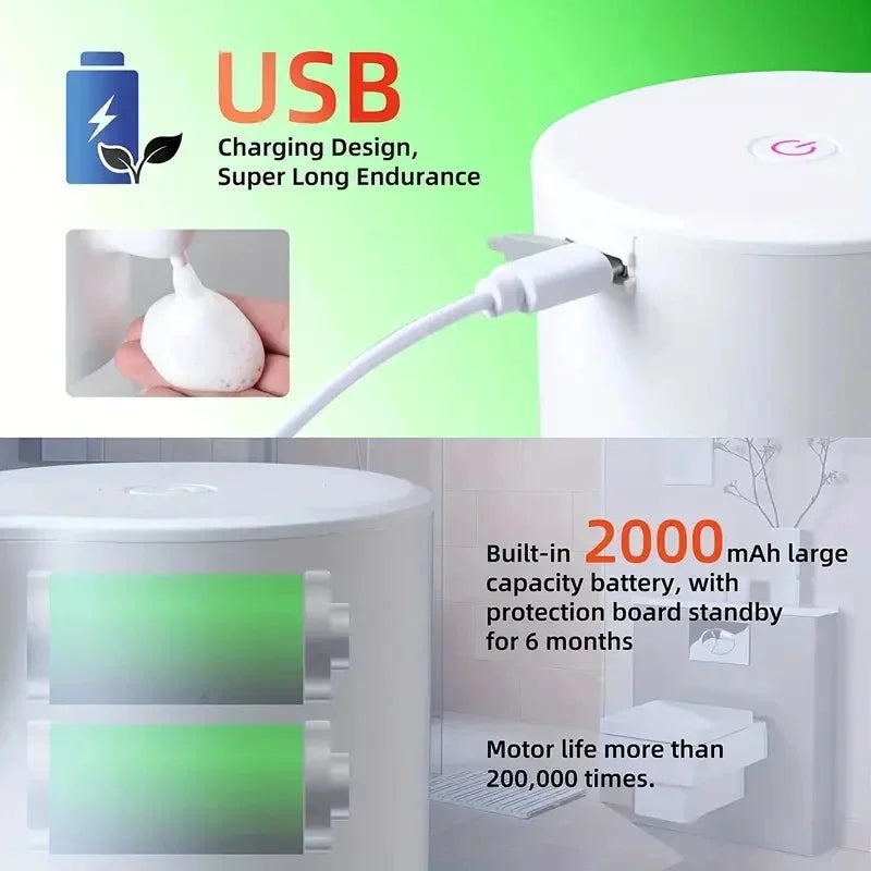 1pc 350/600ML Rechargeable Automatic Foam Soap Dispenser Touchless Handsfree Dispenser IPX5 Waterproof 4 Level Adjustable Volume