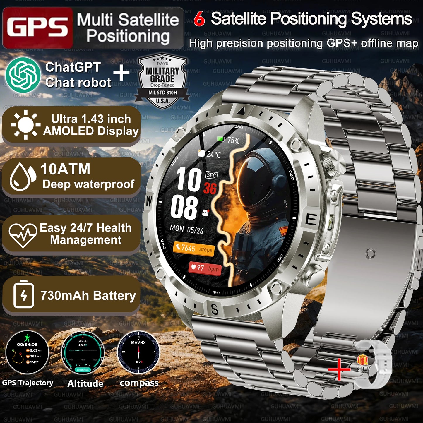 New Men Military GPS Smart Watch Built-in Positioning Compass Altimeter 10ATM Waterproof BT Call Heart Rate Monitor Smart Watch