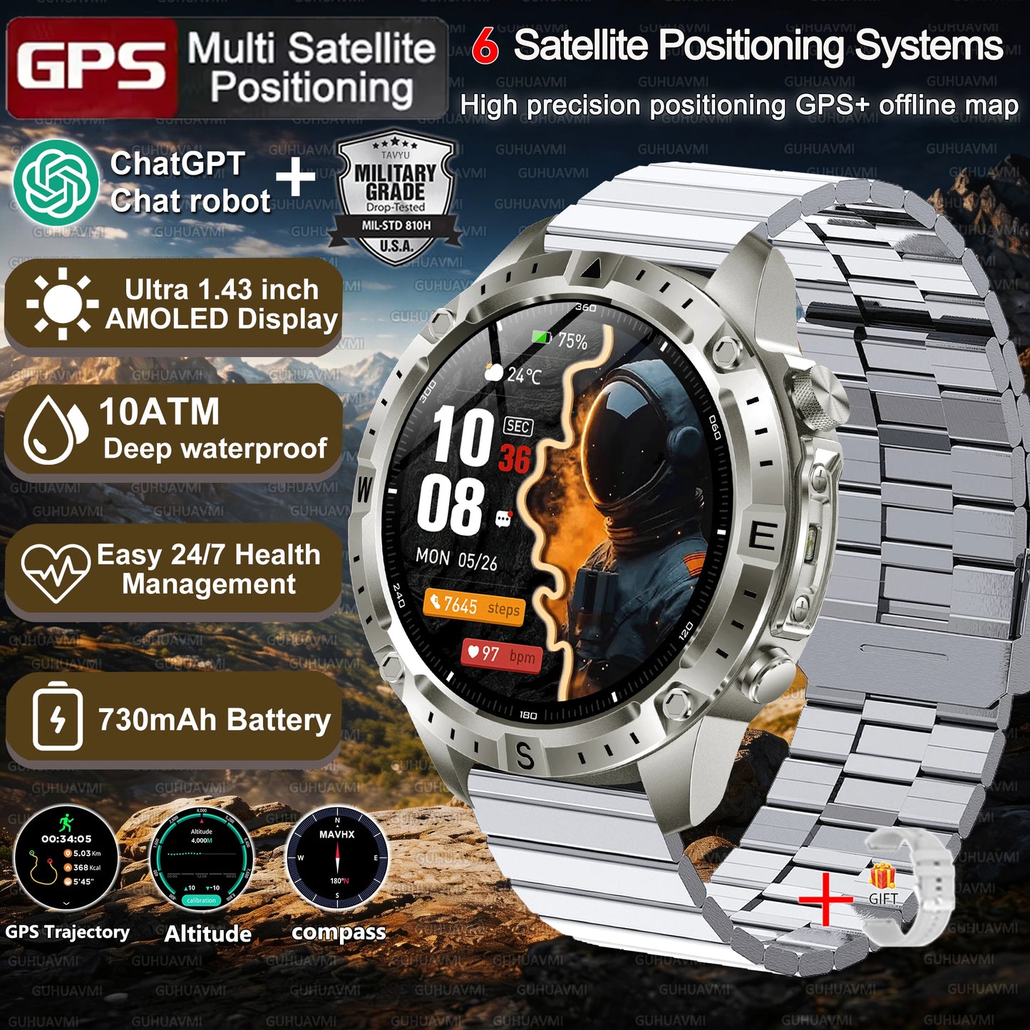 New Men Military GPS Smart Watch Built-in Positioning Compass Altimeter 10ATM Waterproof BT Call Heart Rate Monitor Smart Watch