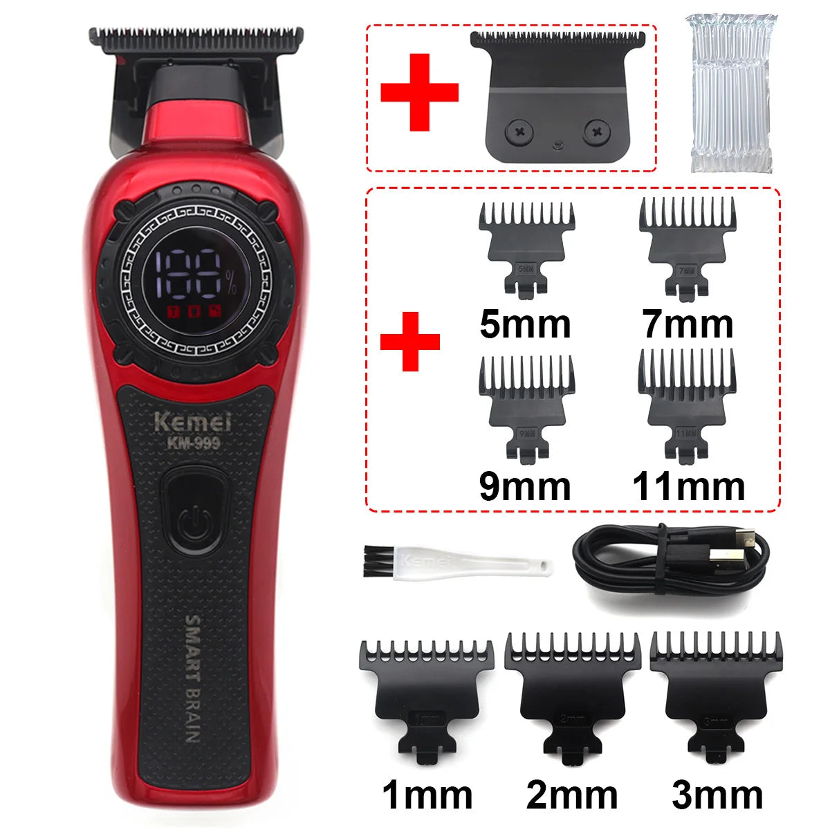 Kemei KM-999 Hair Trimmer for Men DLC T-Blade Zero Gapped LED Display Cordless USB Professional Hair Clipper Finishing Machine
